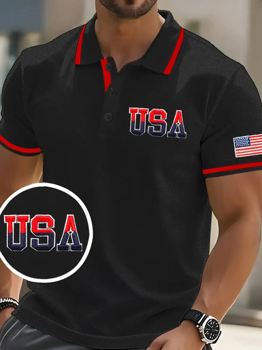 USA Flag Print Men's Polo Shirt Perfect Patriotic Gift for American Pride Supporters USA Flag Print Men's Polo Shirt Perfect Patriotic Gift for American Pride Supporters
