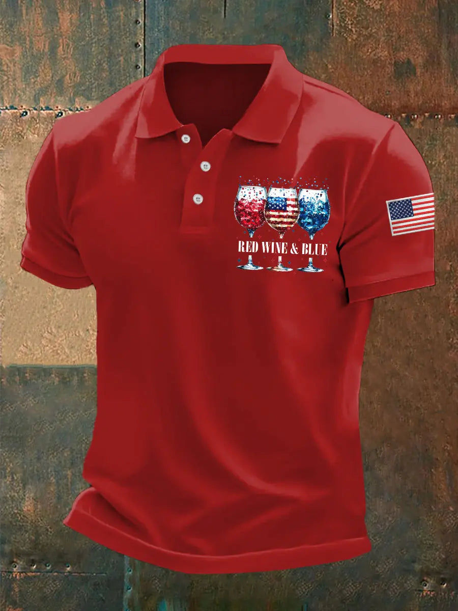 USA Flag Wine Glass Polo Shirt Patriotic Gift Casual Wear for 4th of July Celebrations USA Flag Wine Glass Polo Shirt Patriotic Gift Casual Wear for 4th of July Celebrations