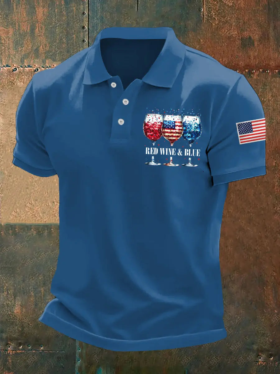 USA Flag Wine Glass Polo Shirt Patriotic Gift Casual Wear for 4th of July Celebrations USA Flag Wine Glass Polo Shirt Patriotic Gift Casual Wear for 4th of July Celebrations
