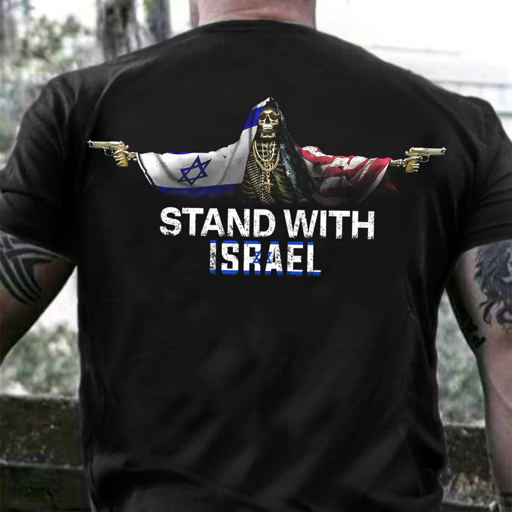 American Stand With Israel T-Shirt Pro Israel Shirt Israeli And American Flag Skull With Gun American Stand With Israel T-Shirt Pro Israel Shirt Israeli And American Flag Skull With Gun