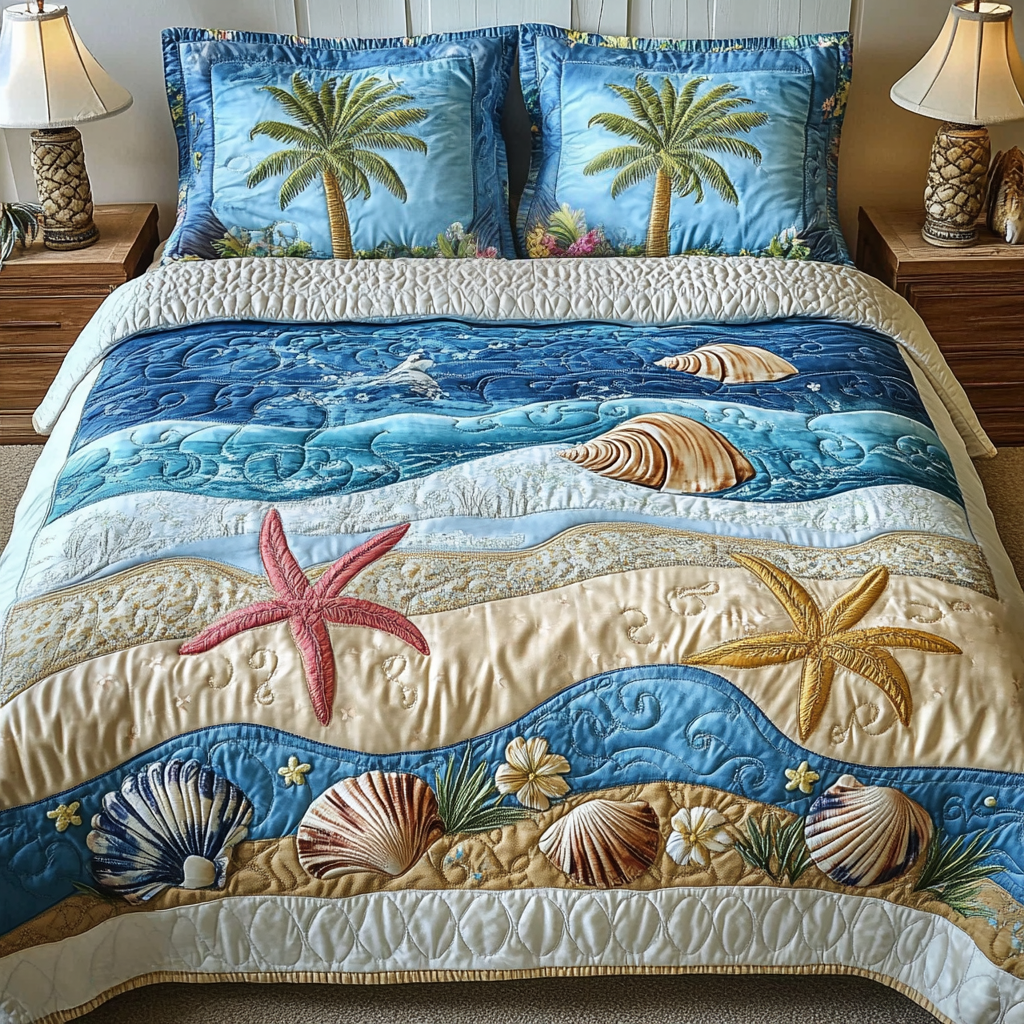 Aqua Drift Quilted Bedding Set Duvet Cover Bed Sheet Set Cool Beach Gifts