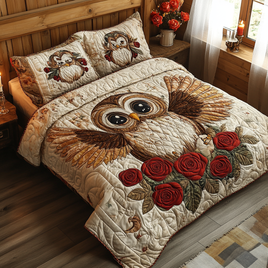 Baby Owl with Rose Quilted Bedding Set Duvet Cover Merch Owl Gifts For Mom Mother's Day