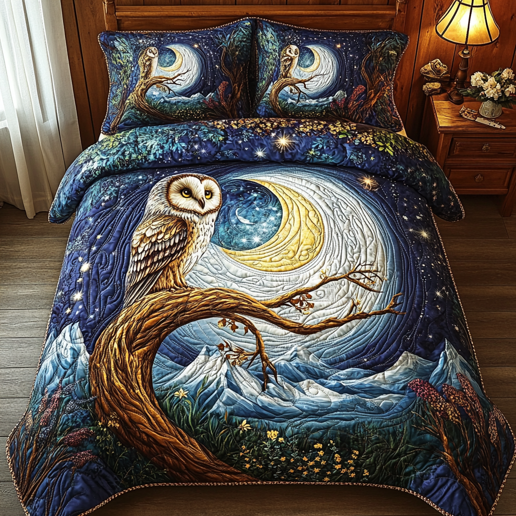 Barn Owl Moonlight Quilted Bedding Set Duvet Cover Merch Gift For Owl Lover Barn Owl Moonlight Quilted Bedding Set Duvet Cover Merch Gift For Owl Lover
