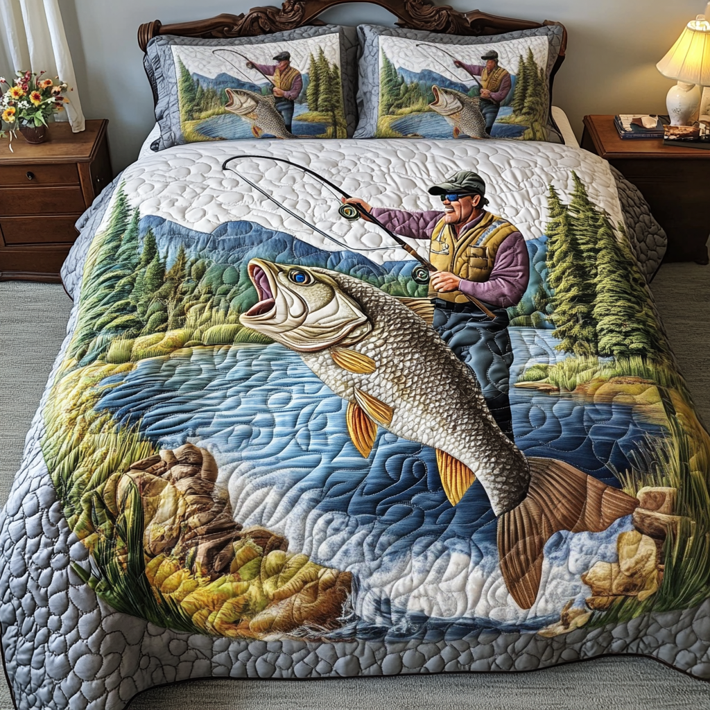 Bass Bound Quilted Bedding Set Duvet Cover Bedspread Fishing Father's Day Gifts