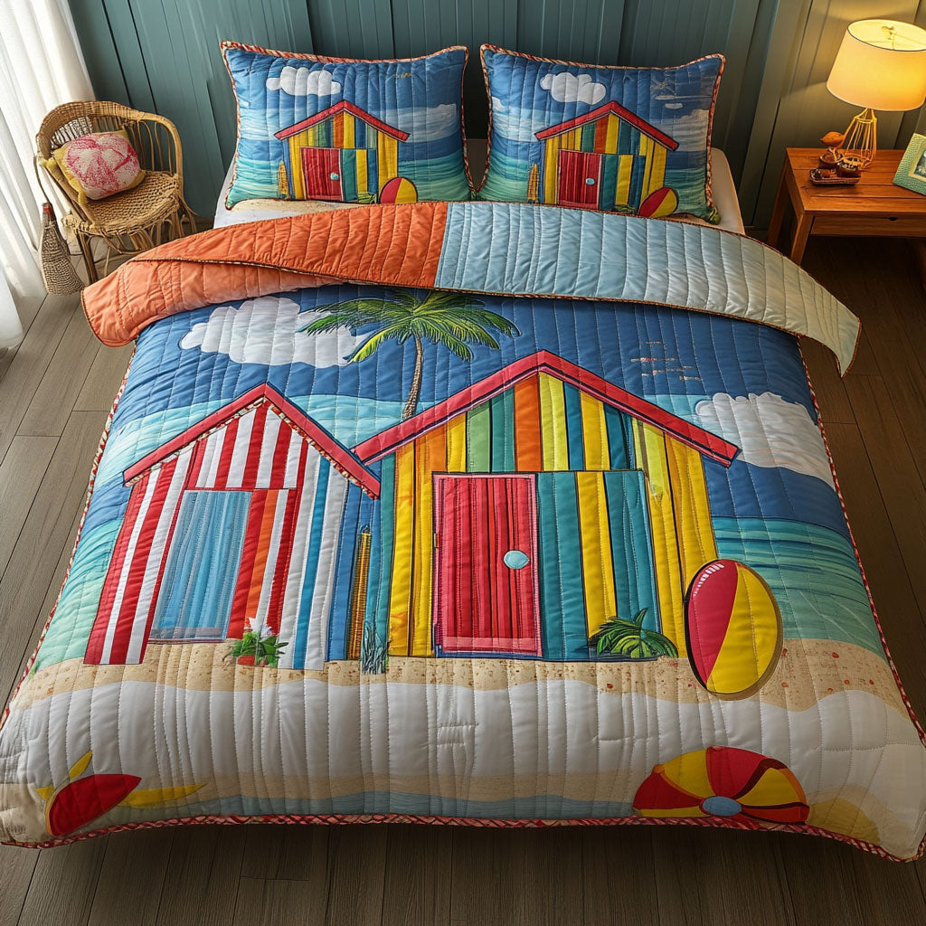 Beach Hut Haven Quilted Bedding Set Duvet Cover Bed Sheet Set Gifts For Beach Goers Beach Hut Haven Quilted Bedding Set Duvet Cover Bed Sheet Set Gifts For Beach Goers