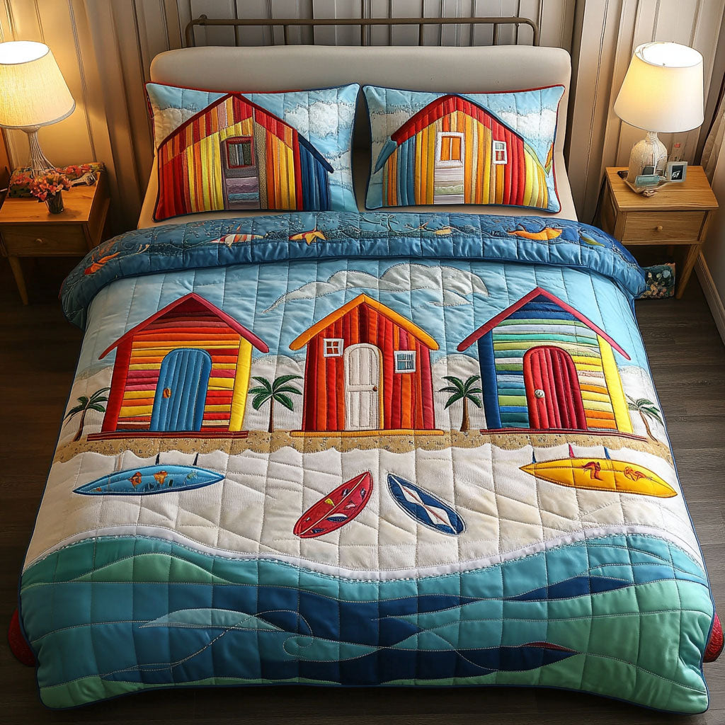 Beach Hut Shores Quilted Bedding Set Duvet Cover Bed Sheet Set Christmas Gifts For The Beach Lover Beach Hut Shores Quilted Bedding Set Duvet Cover Bed Sheet Set Christmas Gifts For The Beach Lover