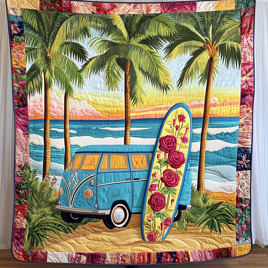 Beach Van Bloom Quilted Blanket Cute Colorful Blanket Ocean Themed Presents Beach Van Bloom Quilted Blanket Cute Colorful Blanket Ocean Themed Presents