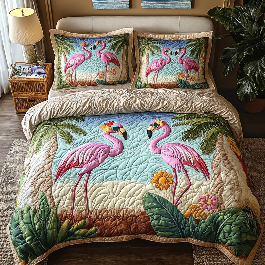 Beachside Flamingos Quilted Bedding Set Duvet Cover Bedspreads Novelty Flamingo Gifts Beachside Flamingos Quilted Bedding Set Duvet Cover Bedspreads Novelty Flamingo Gifts