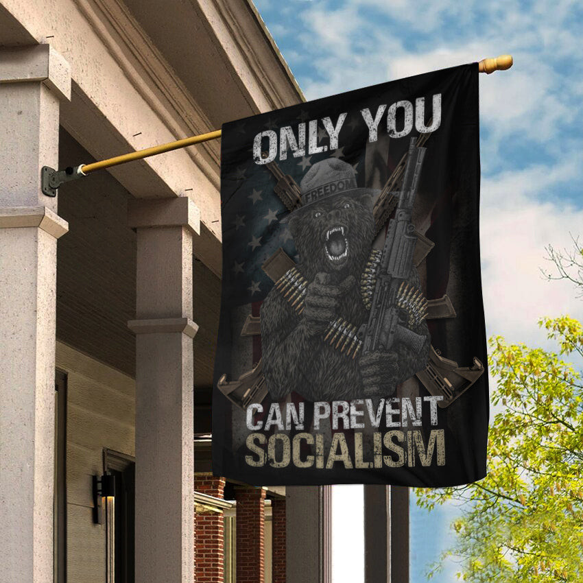 Bear And Gun Only You Can Prevent Socialism Flag 2nd Amendment Patriotic Flag Pro Gun Merch