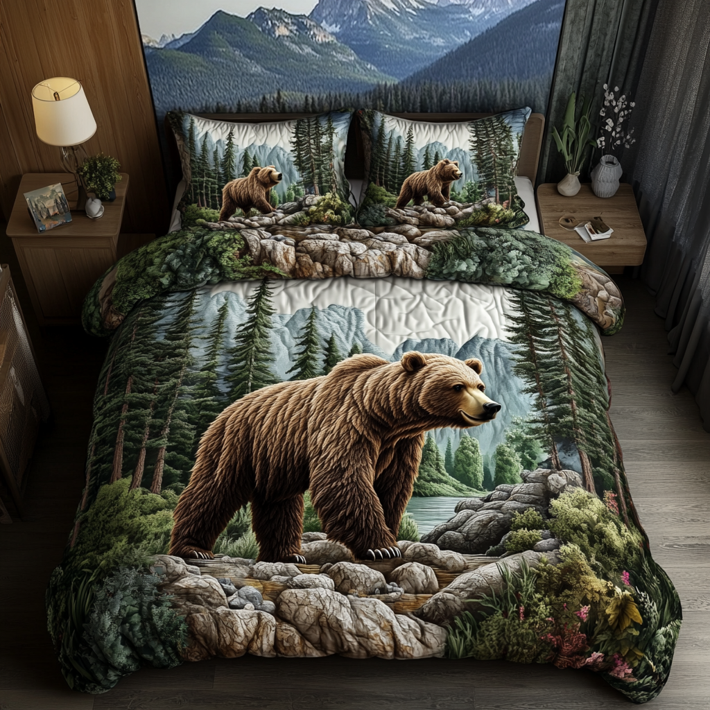 Bear Tracks Quilted Bedding Set Duvet Cover Bed Sheet Set Presents For Bear Lovers