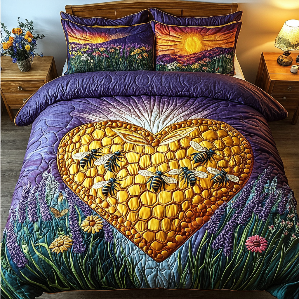 Bee Glow Quilted Bedding Set Duvet Cover Bed Sheet Set Honey Themed Gifts Bee Glow Quilted Bedding Set Duvet Cover Bed Sheet Set Honey Themed Gifts