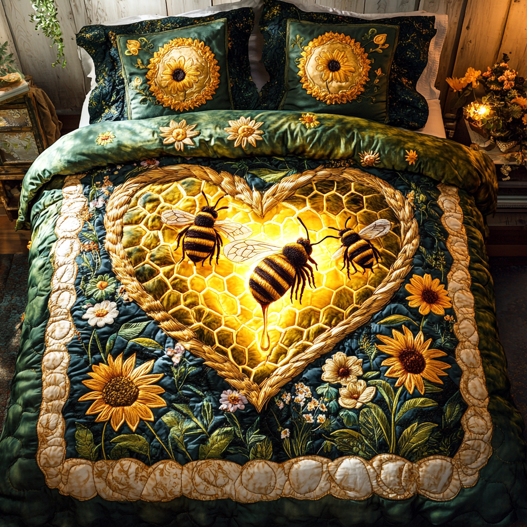 Bee Harmony Quilted Bedding Set Duvet Cover Bed Sheet Set Bee Related Gifts Bee Harmony Quilted Bedding Set Duvet Cover Bed Sheet Set Bee Related Gifts