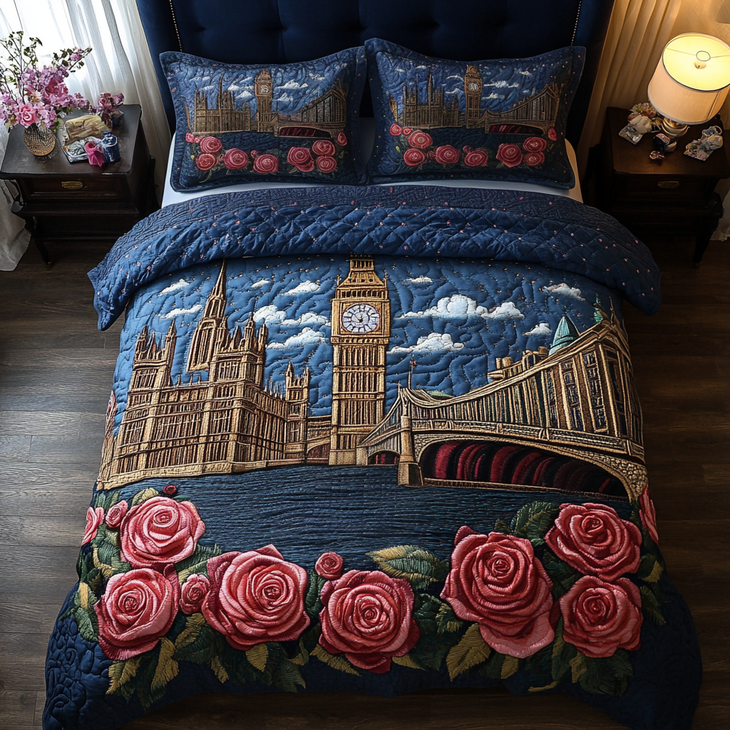 Big Ben Roses Quilted Bedding Set Duvet Cover Bedspread England Themed Gifts Bristish Big Ben Roses Quilted Bedding Set Duvet Cover Bedspread England Themed Gifts Bristish