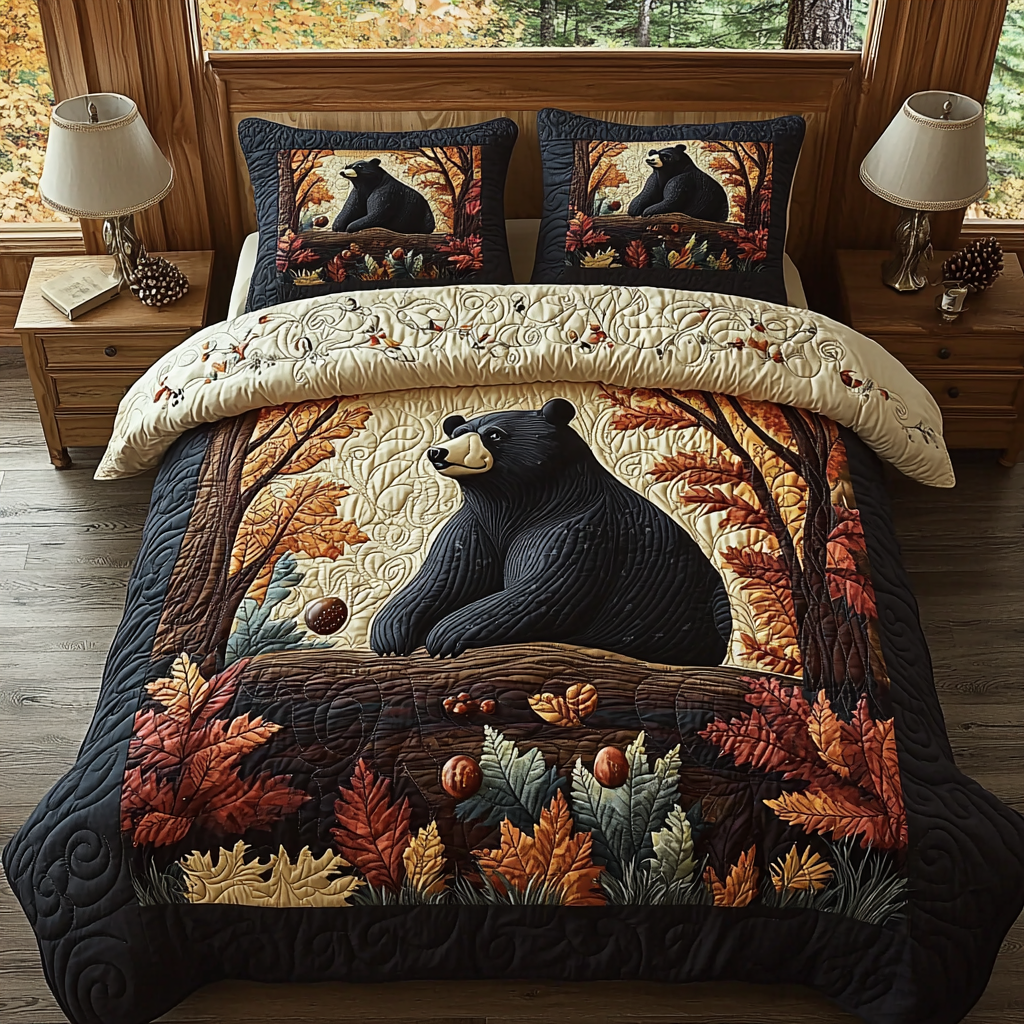 Black Bear Autumn Vintage Charm Quilted Bedding Set Duvet Cover Merch Bear Gifts For Her Black Bear Autumn Vintage Charm Quilted Bedding Set Duvet Cover Merch Bear Gifts For Her