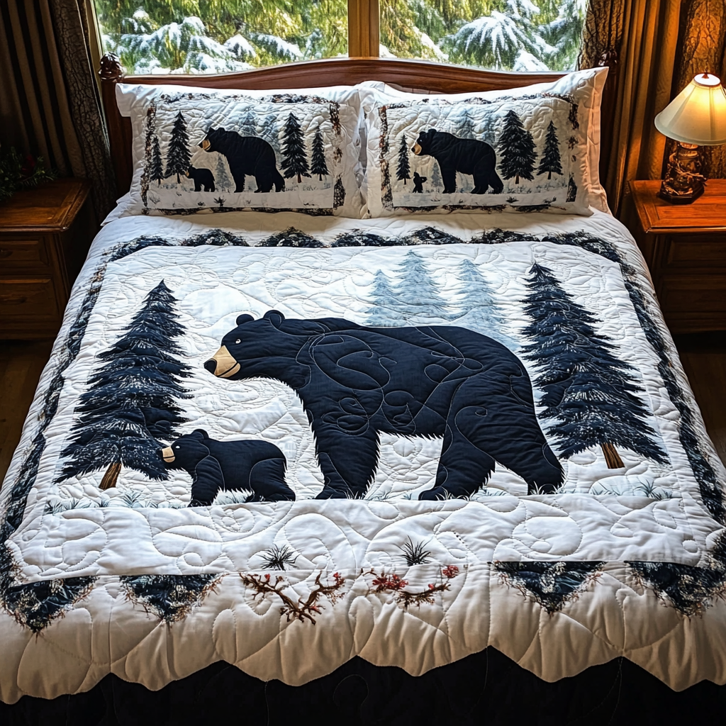 Black Bear Winter Quilted Bedding Set Duvet Cover Merch Bear Gifts For Him