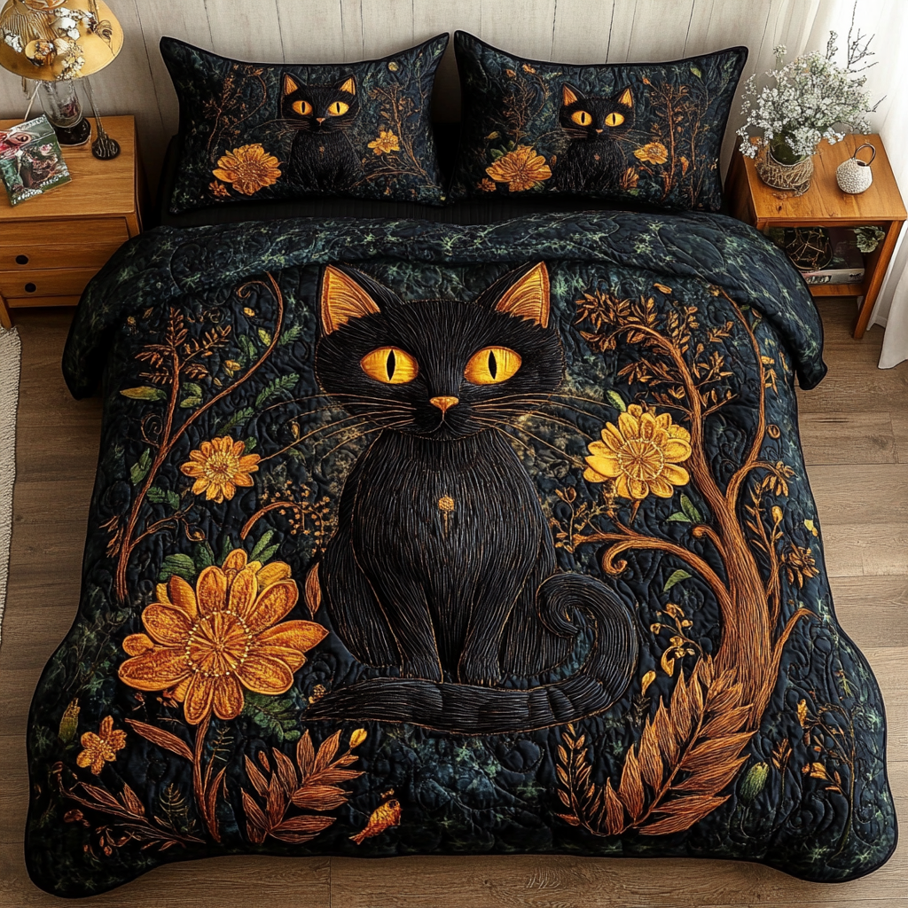 Black Blossom Quilted Bedding Set Duvet Cover Bedspread Unique Gifts For Cat Lovers Black Blossom Quilted Bedding Set Duvet Cover Bedspread Unique Gifts For Cat Lovers