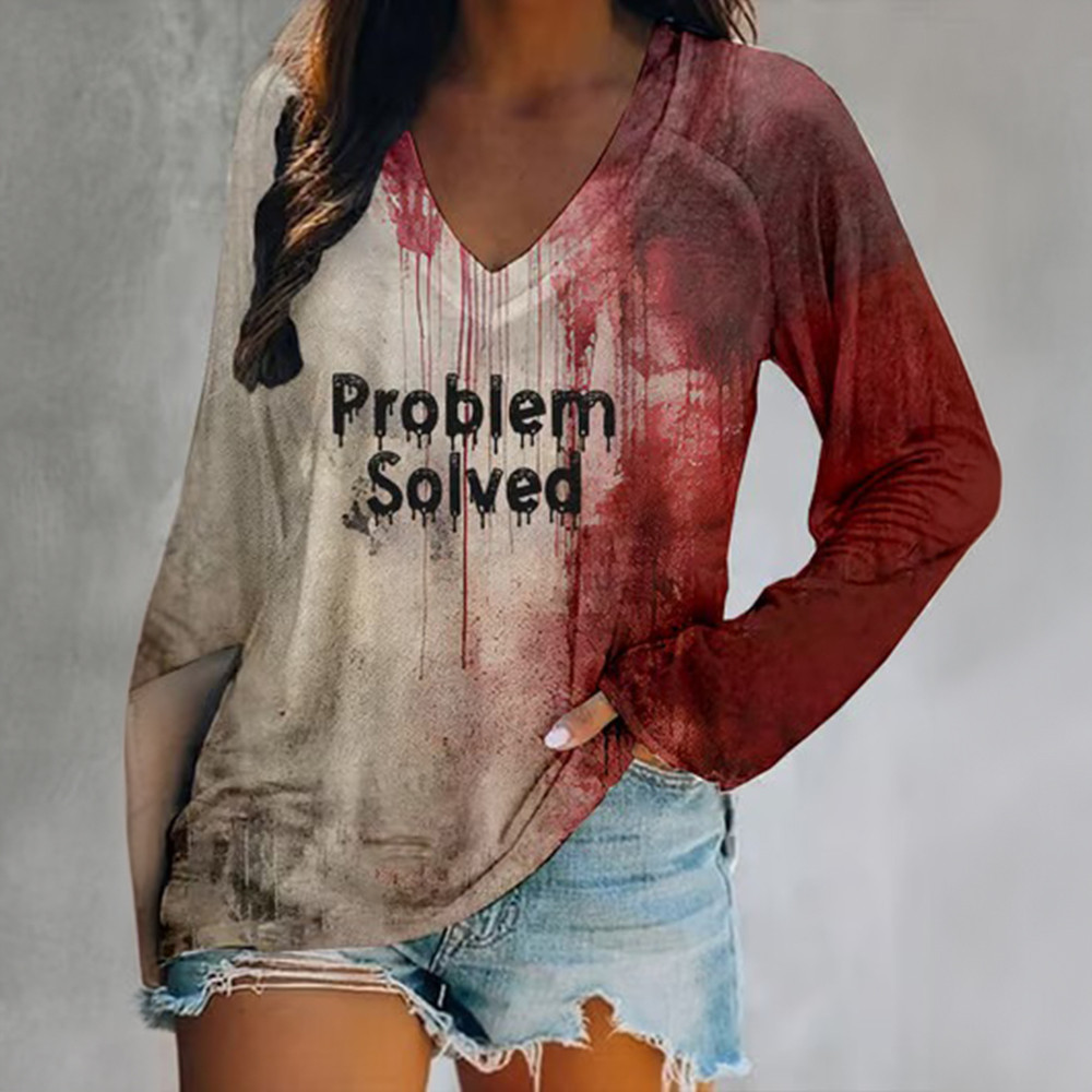 Bloody Halloween Problem Solved Long Sleeve V-neck T-Shirt Scary Horror Halloween Gifts For Her