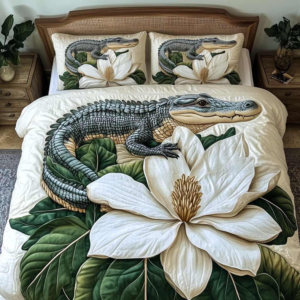 Blooming Gator Quilted Bedding Set Duvet Cover Bedspread Crocodile Alligator Themed Gifts