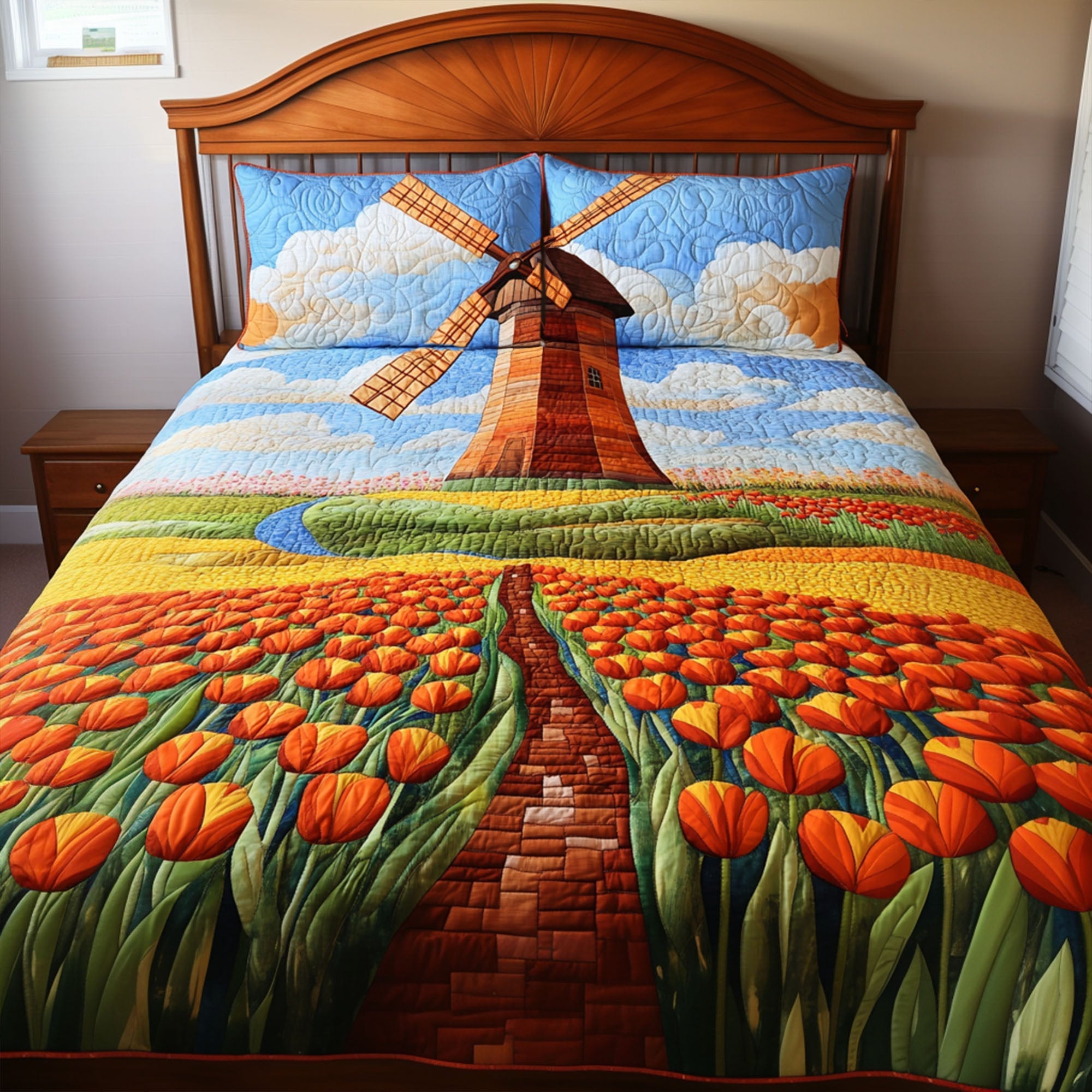 Blooming Windmill Quilted Bedding Set Duvet Cover Bedspread Great Gifts For Farmers Blooming Windmill Quilted Bedding Set Duvet Cover Bedspread Great Gifts For Farmers