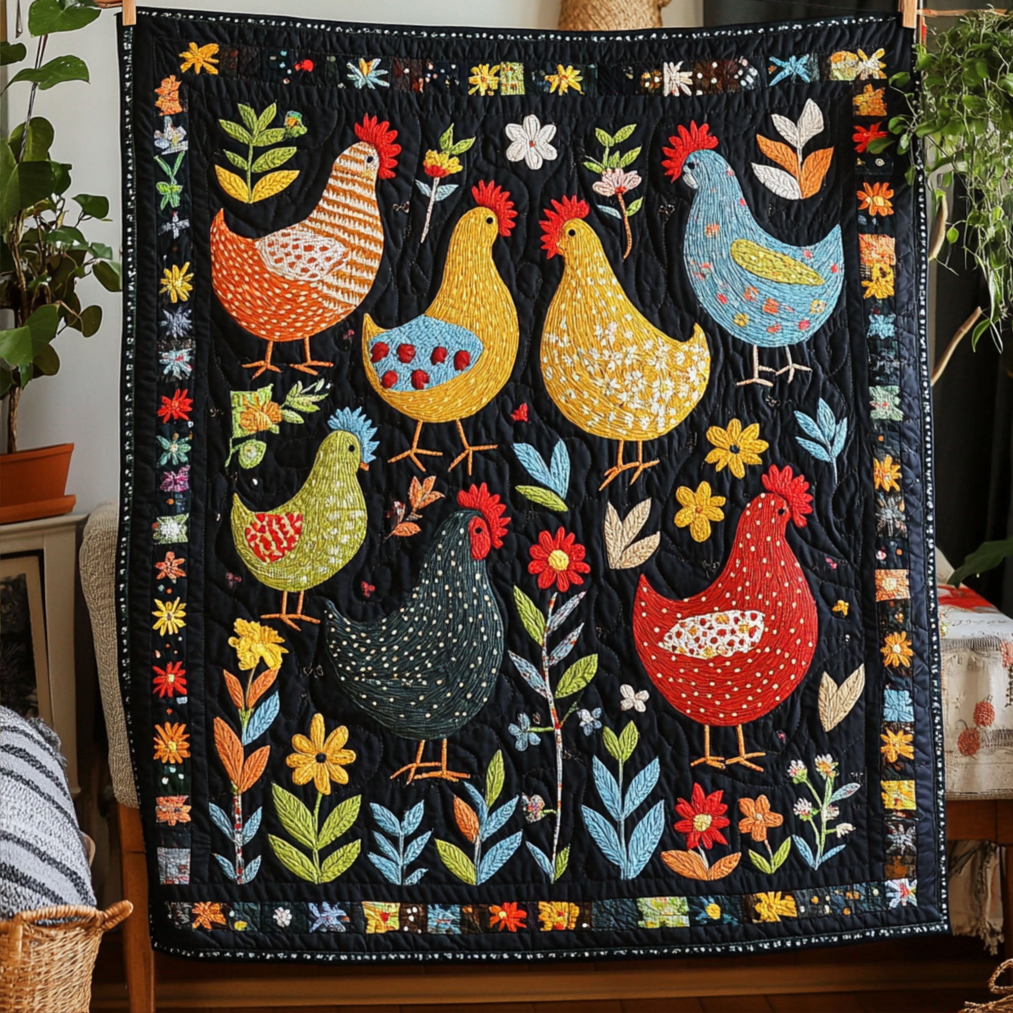 Blooms and Beaks Quilted Blanket Cute Colorful Blanket Best Gifts For Chicken Owners Blooms and Beaks Quilted Blanket Cute Colorful Blanket Best Gifts For Chicken Owners