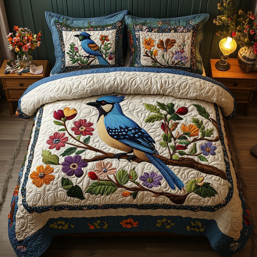 Blue Jay and Blooms Quilted Bedding Set Duvet Cover Bedspread Flower Gifts For Women Blue Jay and Blooms Quilted Bedding Set Duvet Cover Bedspread Flower Gifts For Women