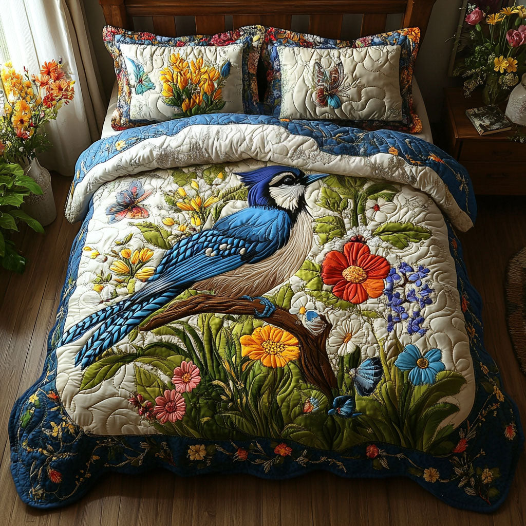 Blue Jay Bloom Quilted Bedding Set Duvet Cover Bedspread Flower Gifts For Ladies Blue Jay Bloom Quilted Bedding Set Duvet Cover Bedspread Flower Gifts For Ladies
