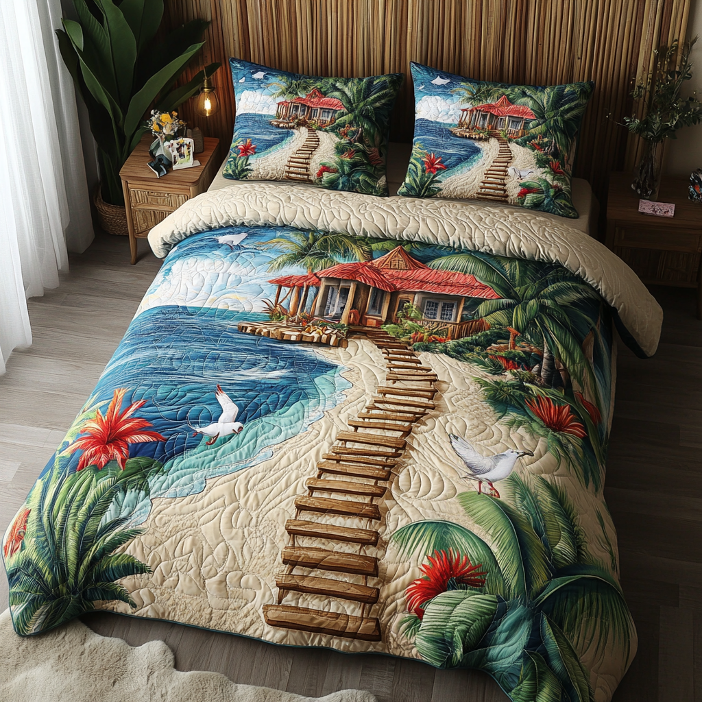 Blue Tide Quilted Bedding Set Duvet Cover Bed Sheet Set Beach Related Gifts