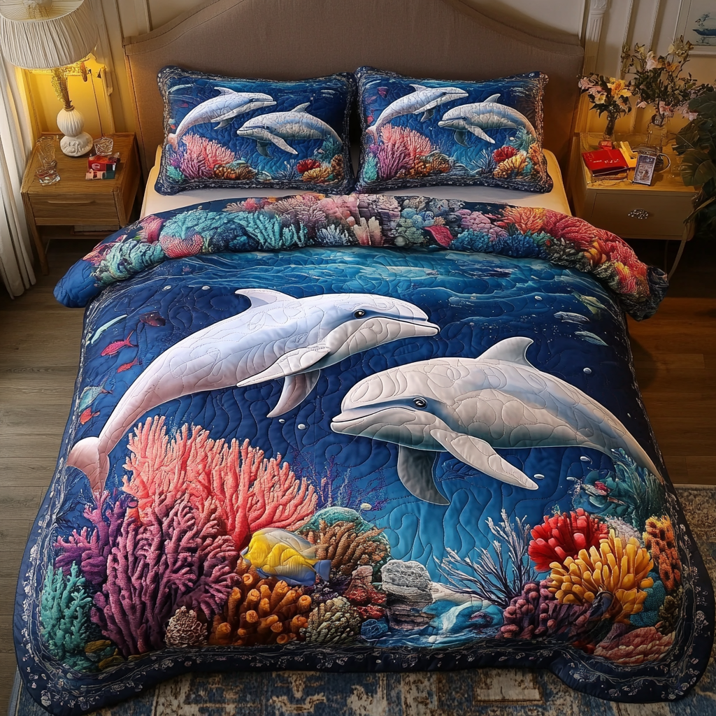Blue Waves Quilted Bedding Set Duvet Cover Bedspread Dolphin Gifts For Mom