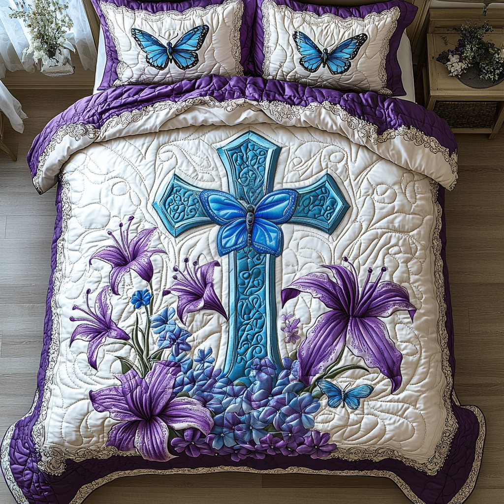 Bold Cross Quilted Bedding Set Duvet Cover Merch Faith Based Mother'S Day Gifts