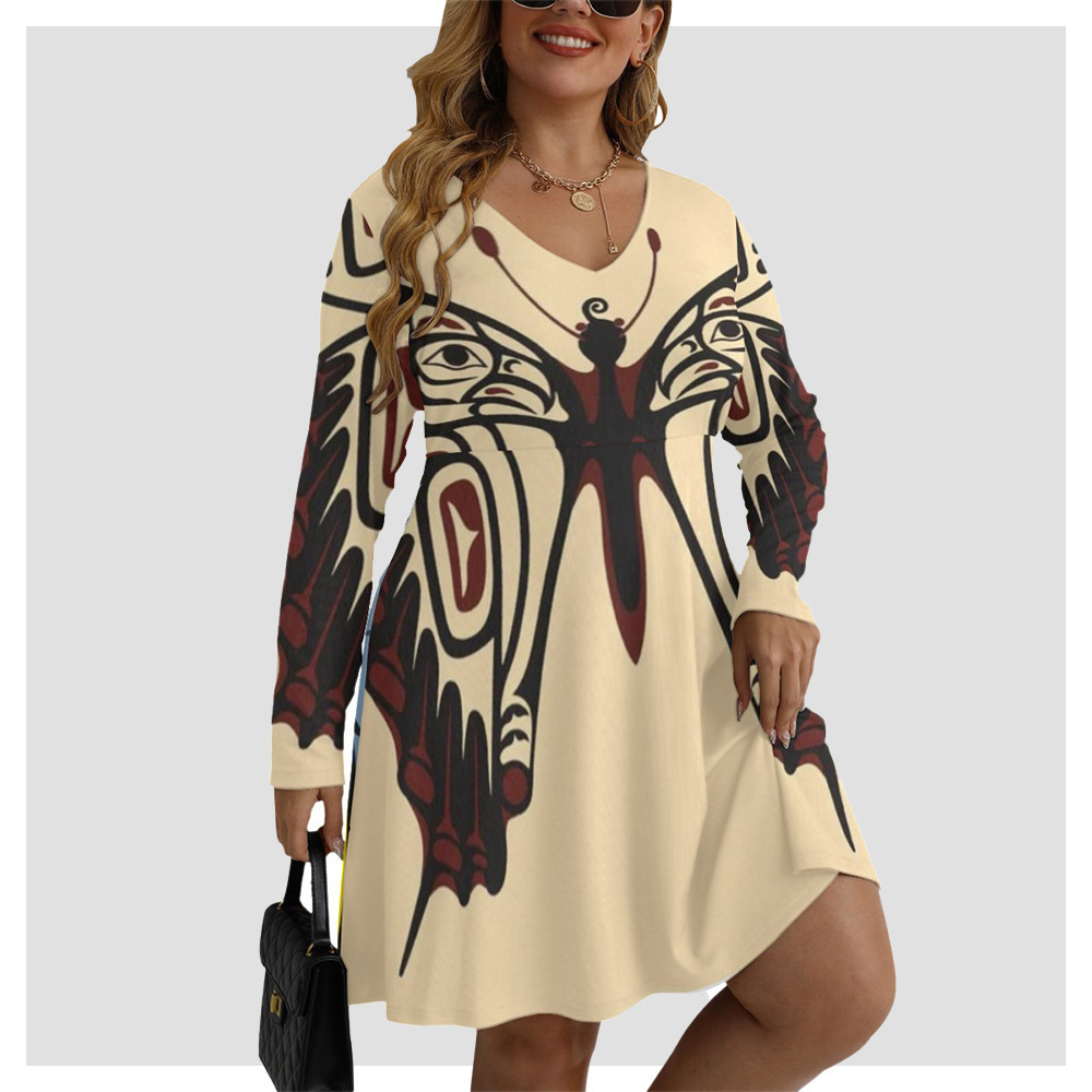 Butterfly Pacific Northwest Style Women's V-neck Long Sleeve Dress Ladies Clothes Butterfly Pacific Northwest Style Women's V-neck Long Sleeve Dress Ladies Clothes