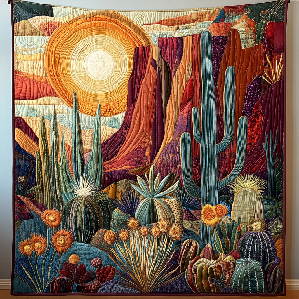 Cactus Sunrise Quilted Blanket Cute Colorful Blanket Cactus Theme Gifts