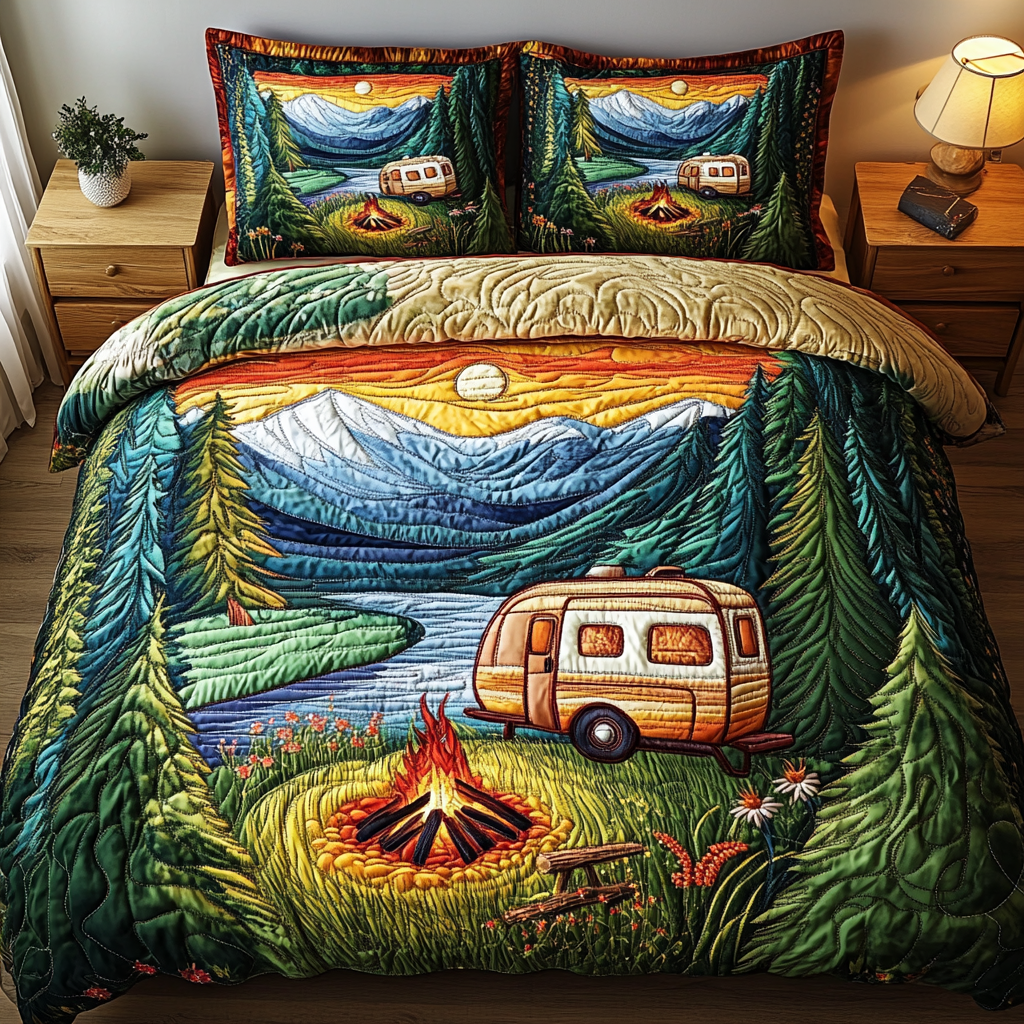 Camping RV Lake Quilted Bedding Set Duvet Cover Merch Gift For Camper Owners Camping RV Lake Quilted Bedding Set Duvet Cover Merch Gift For Camper Owners