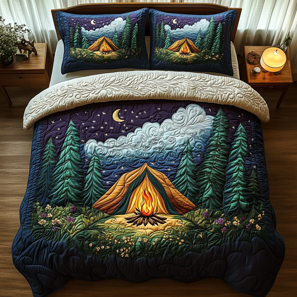Camping Tent Forest Night Quilted Bedding Set Duvet Cover Merch Gifts For People Who Like Camping Camping Tent Forest Night Quilted Bedding Set Duvet Cover Merch Gifts For People Who Like Camping