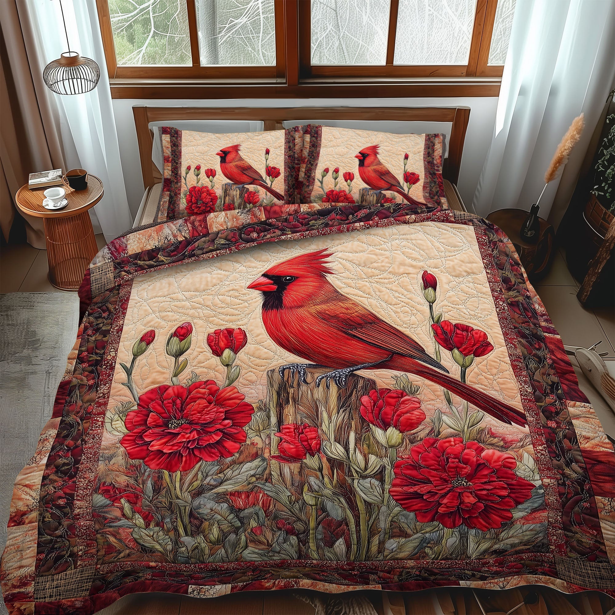 Cardinal Bloom Quilted Bedding Set Duvet Cover Bedspread Cardinal Christmas Gift Cardinal Bloom Quilted Bedding Set Duvet Cover Bedspread Cardinal Christmas Gift