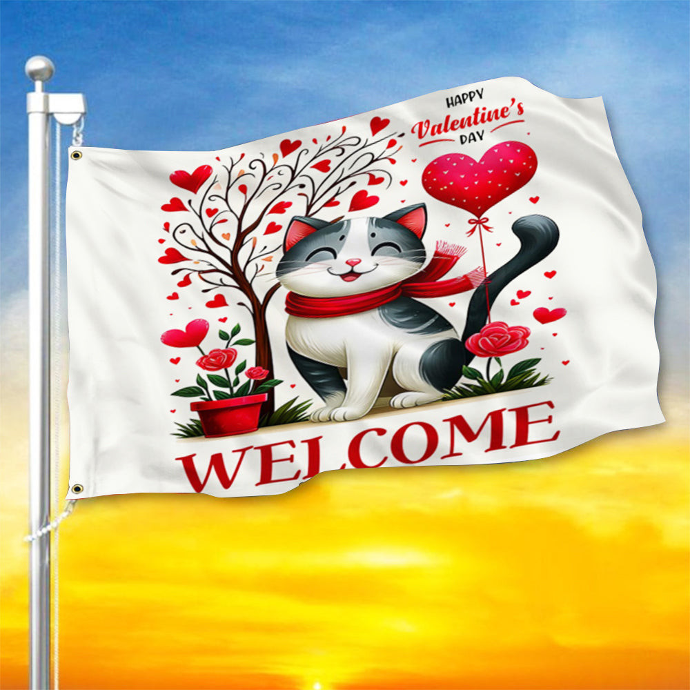 Cat Valentine's Day Flag Happy Valentine's Day Welcome Flag Gifts For Cat Lovers Cat Valentine's Day Flag Happy Valentine's Day Welcome Flag Gifts For Cat Lovers