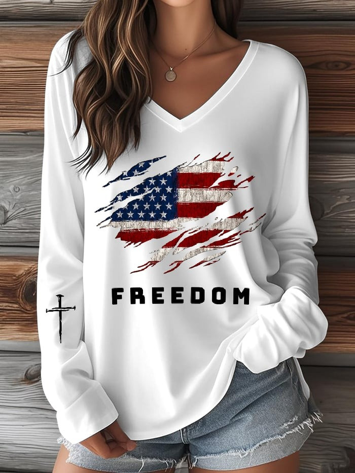 Charlie Kirk Freedom V-Neck Long Sleeve T-Shirt USA Flag Charlie Kirk Merch Patriotic Gifts Charlie Kirk Freedom V-Neck Long Sleeve T-Shirt USA Flag Charlie Kirk Merch Patriotic Gifts