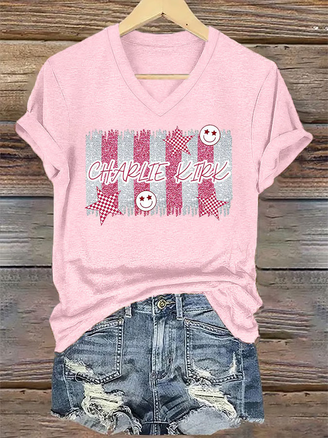 Charlie Kirk Merch Forever In Our Hearts Pink V-neck Shirt Patriotic Gifts For Sister Charlie Kirk Merch Forever In Our Hearts Pink V-neck Shirt Patriotic Gifts For Sister