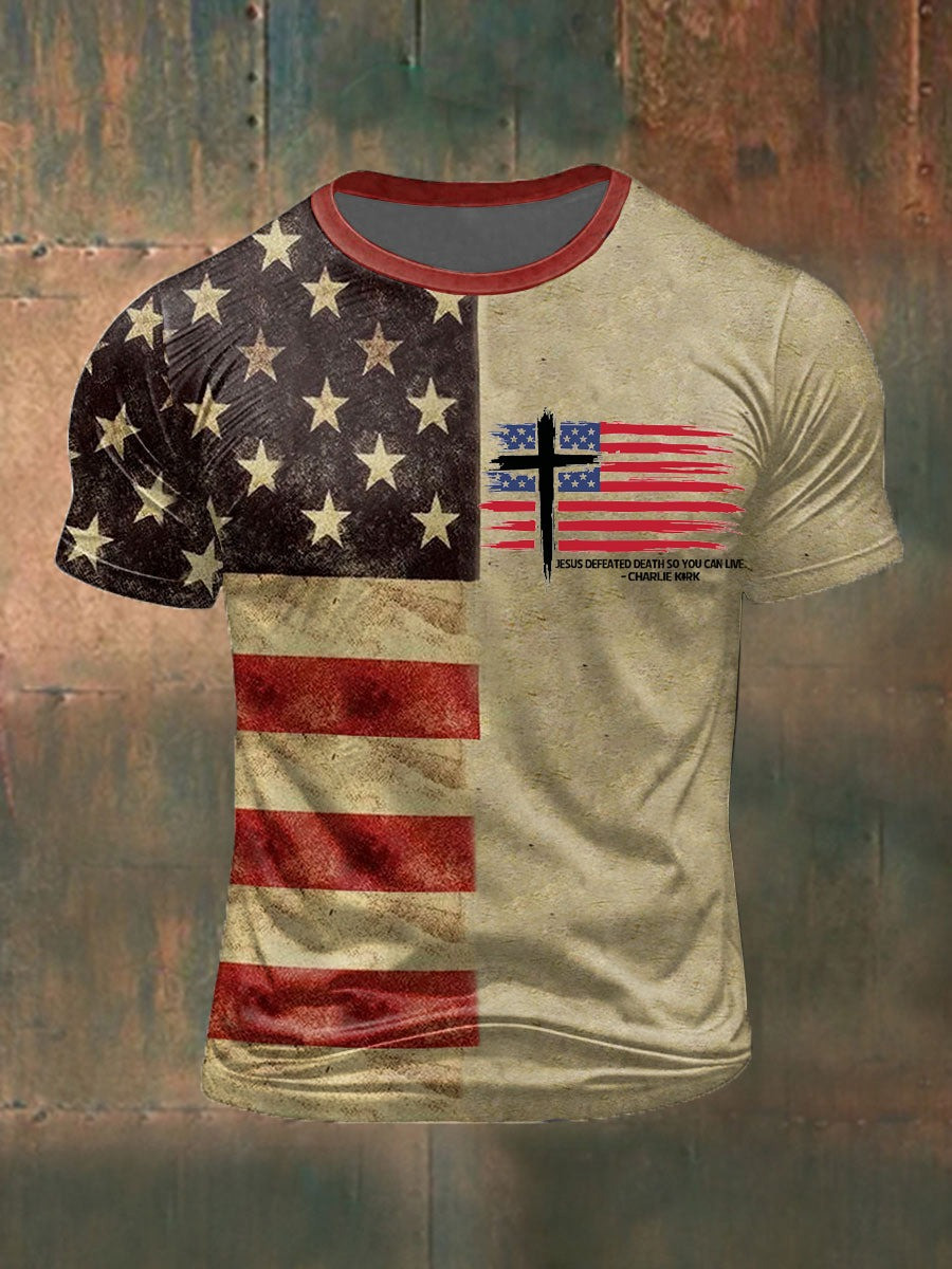 Charlie Kirk Merch Men's Jesus Defeated Death So You Can Live Charlie Kirk Printed T-shirt Gifts For Patriots Charlie Kirk Merch Men's Jesus Defeated Death So You Can Live Charlie Kirk Printed T-shirt Gifts For Patriots