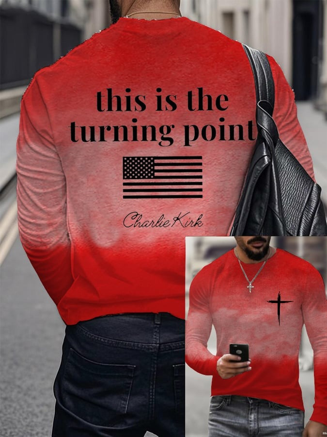 Charlie Kirk Merch Men's This Is The Turning Pointn Print Round Neck Long Sleeve T-Shirt Gifts For Patriots Charlie Kirk Merch Men's This Is The Turning Pointn Print Round Neck Long Sleeve T-Shirt Gifts For Patriots