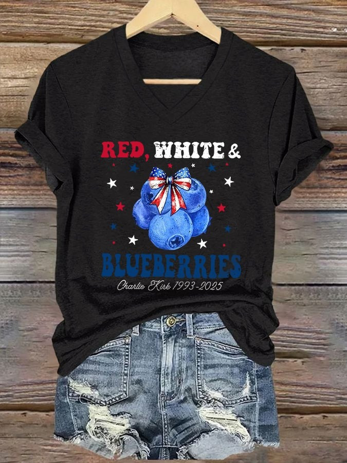 Charlie Kirk Merch Retro Red White And Blueberries V-Neck T-Shirt RIP Charlie Kirk Apparel Charlie Kirk Merch Retro Red White And Blueberries V-Neck T-Shirt RIP Charlie Kirk Apparel