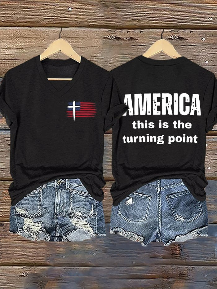 Charlie Kirk Merch V-Neck Retro Faith Flag Cross America This Is The Turning Point Print T-Shirt Gifts For Patriots Charlie Kirk Merch V-Neck Retro Faith Flag Cross America This Is The Turning Point Print T-Shirt Gifts For Patriots
