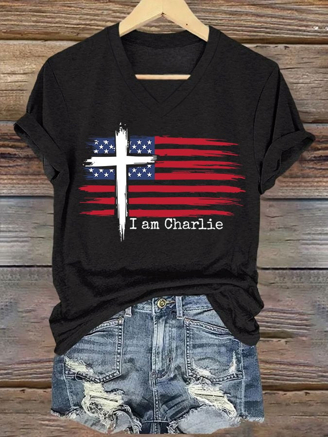 Charlie Kirk Merch V-Neck Retro Faith Flag Cross I Am Print T-Shirt Gifts For Patriots Charlie Kirk Merch V-Neck Retro Faith Flag Cross I Am Print T-Shirt Gifts For Patriots