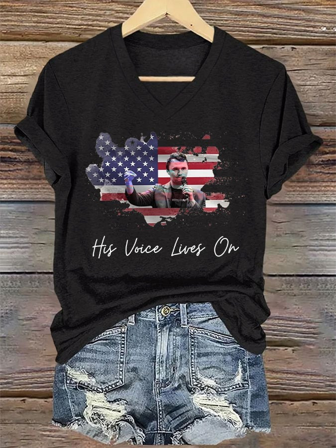 Charlie Kirk Merch V-Neck Retro His Voice Lives On Print T-Shirt Gifts For Patriots Charlie Kirk Merch V-Neck Retro His Voice Lives On Print T-Shirt Gifts For Patriots