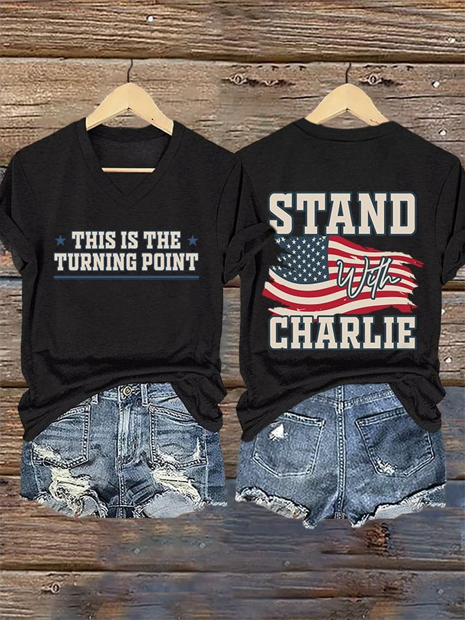 Charlie Kirk Merch V-Neck Retro This Is The Turning Point Stand With Print T-Shirt Gifts For Patriots Charlie Kirk Merch V-Neck Retro This Is The Turning Point Stand With Print T-Shirt Gifts For Patriots