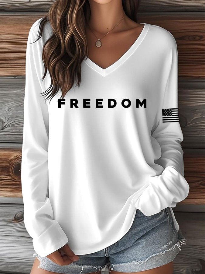 Charlie Kirk Merch Women's Freedom V-Neck Long Sleeve T-Shirt Gifts For Patriots Charlie Kirk Merch Women's Freedom V-Neck Long Sleeve T-Shirt Gifts For Patriots