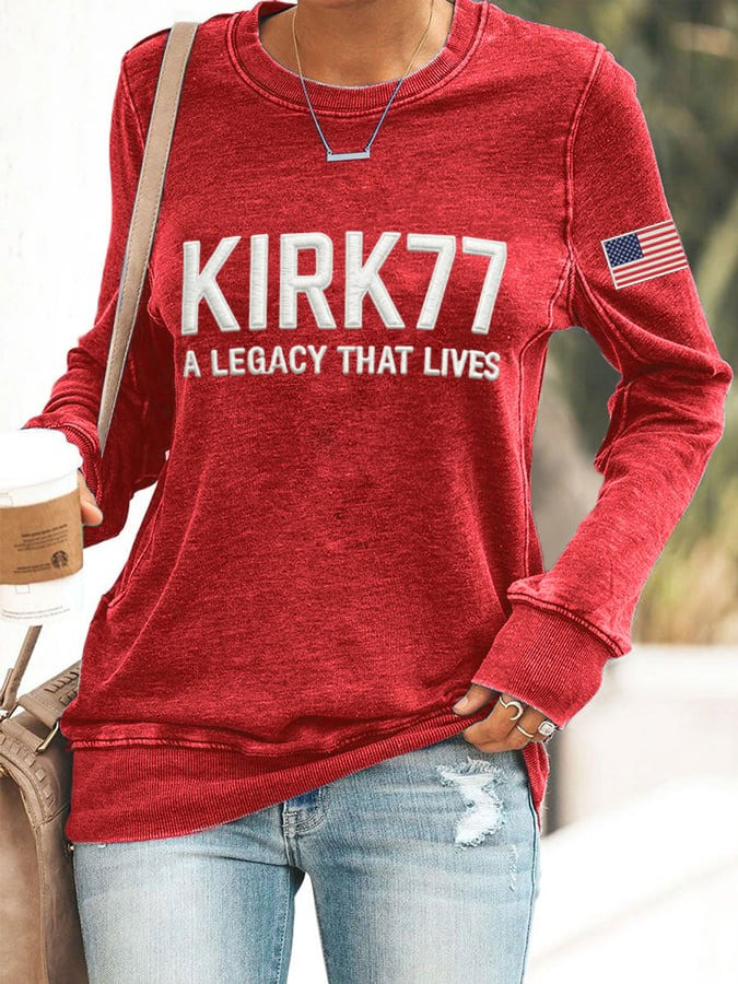 Charlie Kirk Merch Women's Kirk77 A Legacy That Lives Print Round Neck Sweatshirt Gifts For Patriots Charlie Kirk Merch Women's Kirk77 A Legacy That Lives Print Round Neck Sweatshirt Gifts For Patriots