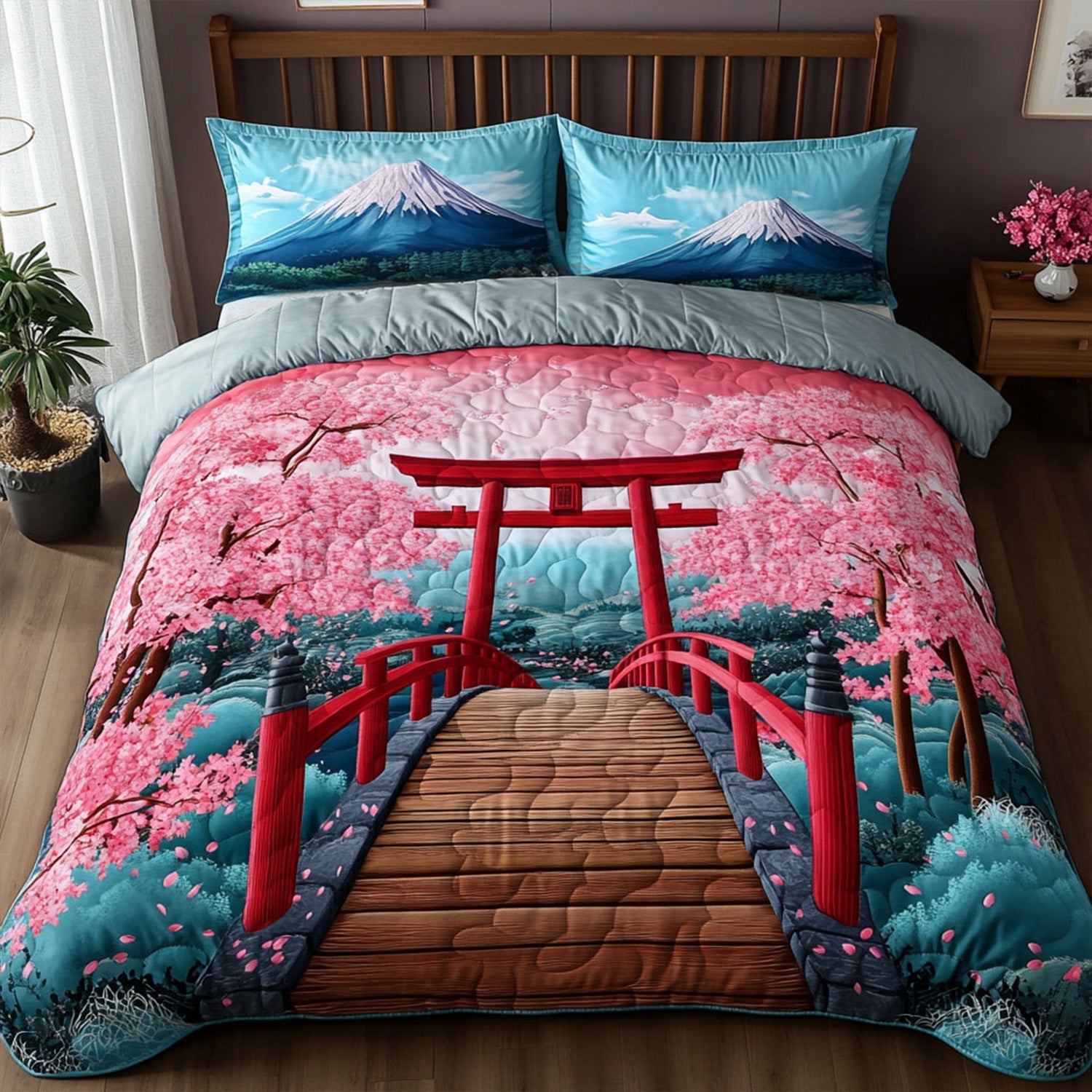 Cherry Blossom Vista Quilted Bedding Set Duvet Cover Bed Sheet Set Fuji Japanese Gifts Items