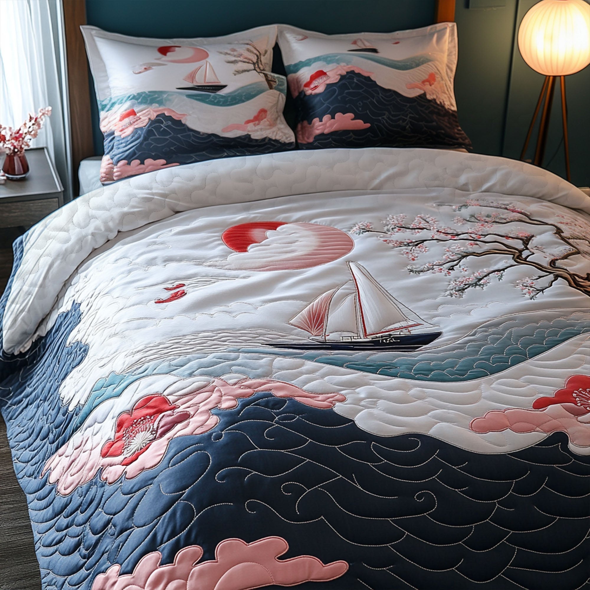 Cherry Winds Quilted Bedding Set Duvet Cover Bed Sheet Set Sailboat Gifts For Him