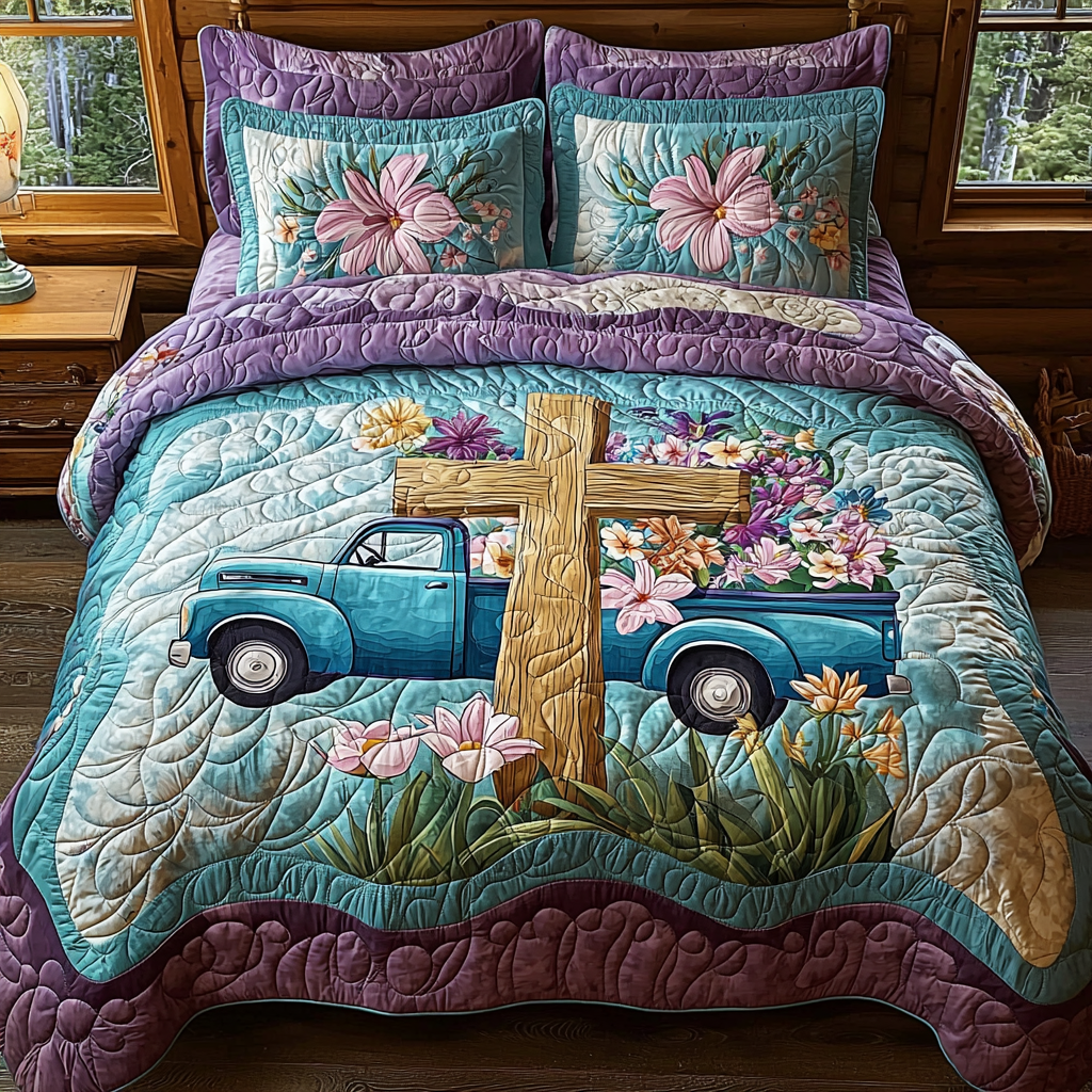 Christian Cross Bloom Quilted Bedding Set Duvet Cover Merch Faith Based Christmas Gifts