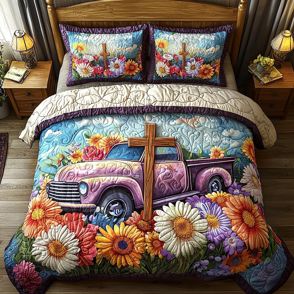 Christian Cross Garden Quilted Bedding Set Duvet Cover Merch Faith Based Mother'S Day Gifts